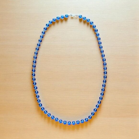 Vintage Monet Jelly Lucite Beaded Necklace Blue Silver Single Strand 27" Signed - Picture 1 of 10